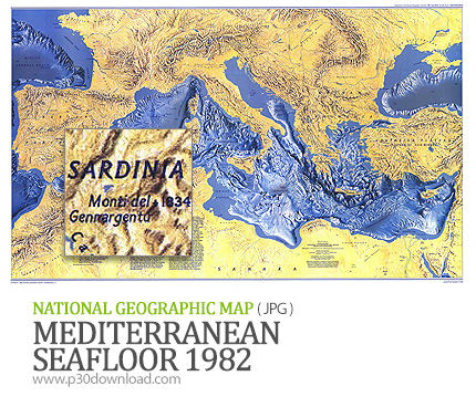دانلود نقشه کف دریای مدیترانه - National Geographic Mediterranean Seafloor 1982 Map