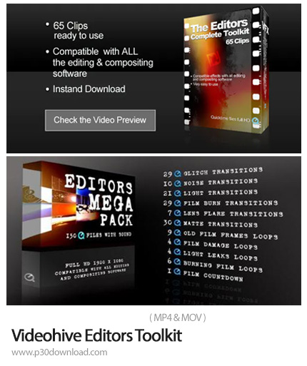 دانلود Videohive Editors Toolkit - کیت ترانزیشن، افکت انتشار نور، فریم ویدئو، شمارش معکوس و کلیپ آما