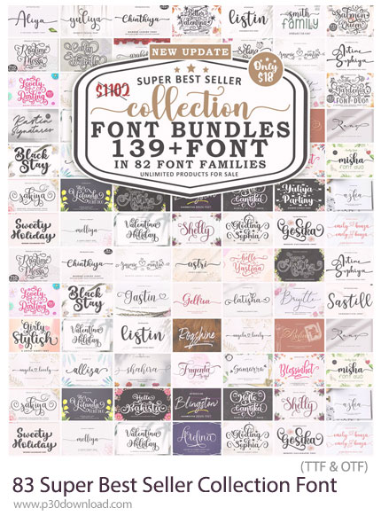 دانلود Super Best Seller Collection Font Bundle - 83 فونت انگلیسی با طراحی تزئینی