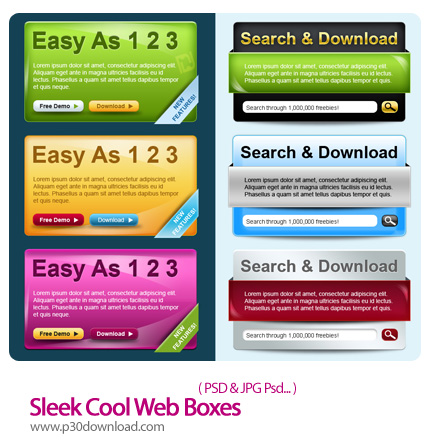 دانلود تصاویر لایه باز جعبه زیبای دانلود وب - Sleek Cool Web Boxes     