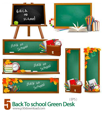 دانلود وکتور تخته سیاه و میز سبز مدرسه و وسایل دانشکده - Back to school Green desk with school suppl