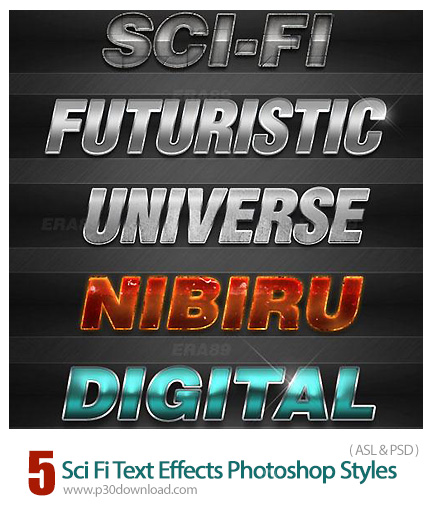 دانلود استایل فتوشاپ: افکت های متنوع متن - 5 Sci Fi Text Effects Photoshop Styles
