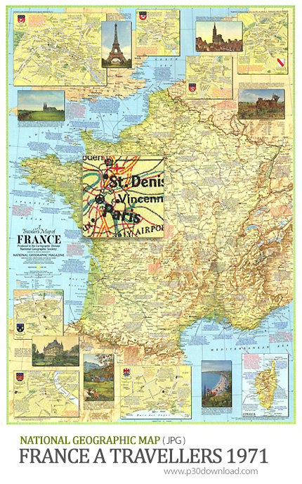 دانلود نقشه مسافران فرانسه - National Geographic France A Travellers 1971 Map