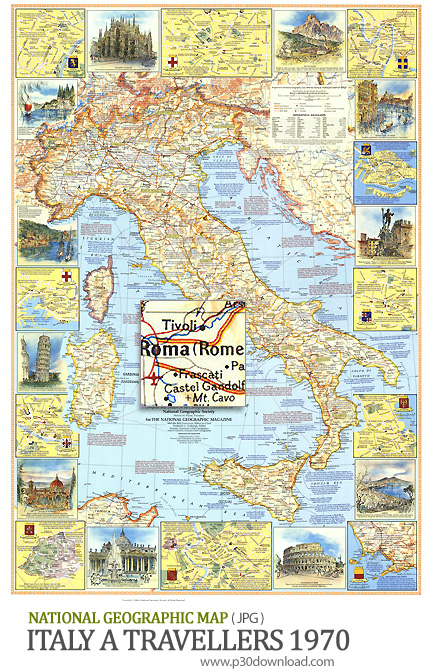 دانلود نقشه مسافران ایتالیا - National Geographic Italy A Travellers 1970 Map