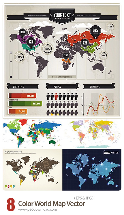 دانلود تصاویر وکتور نقشه های رنگی متنوع جهان - Color World Map Vector