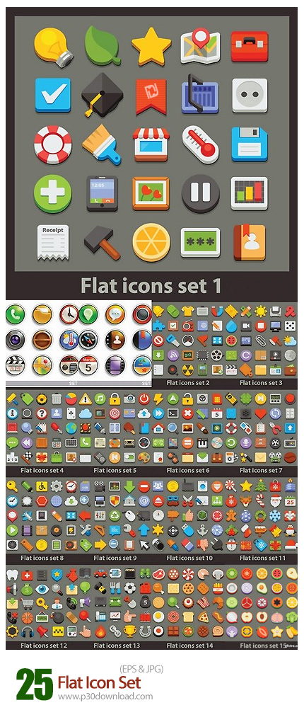 دانلود تصاویر وکتور آیکون های تخت متنوع - Flat Icon Set
