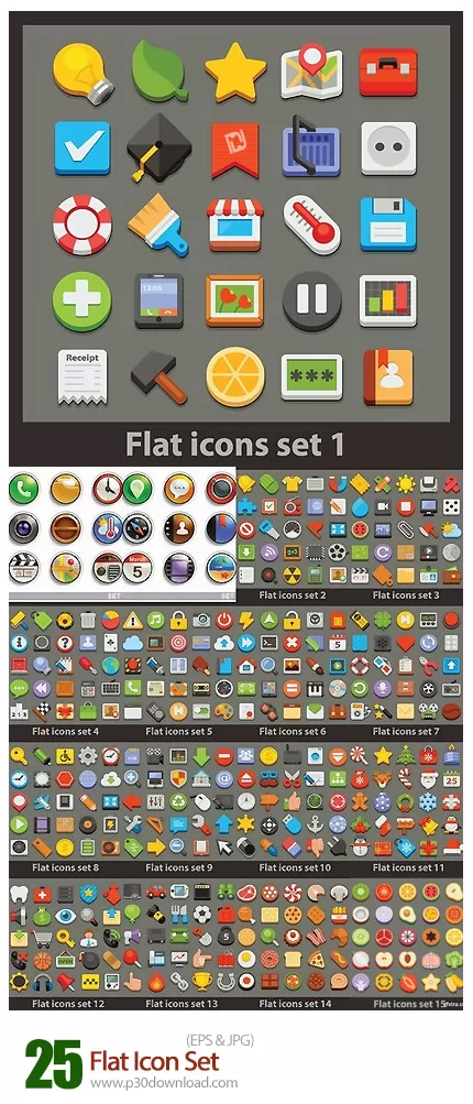 دانلود تصاویر وکتور آیکون های تخت متنوع Flat Icon Set