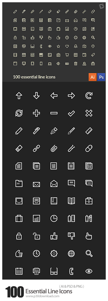 دانلود آیکون های خطی متنوع - LineArt 100 Essential Line Icons