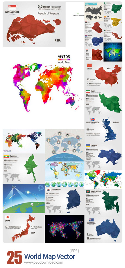 دانلود تصاویر وکتور نقشه های متنوع جهان - World Map Vector