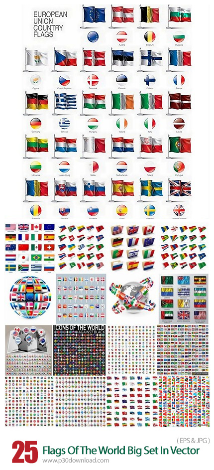 دانلود مجموعه تصاویر وکتور پرچم کشورهای متنوع جهان - Flags Of The World Big Set In Vector From Stock