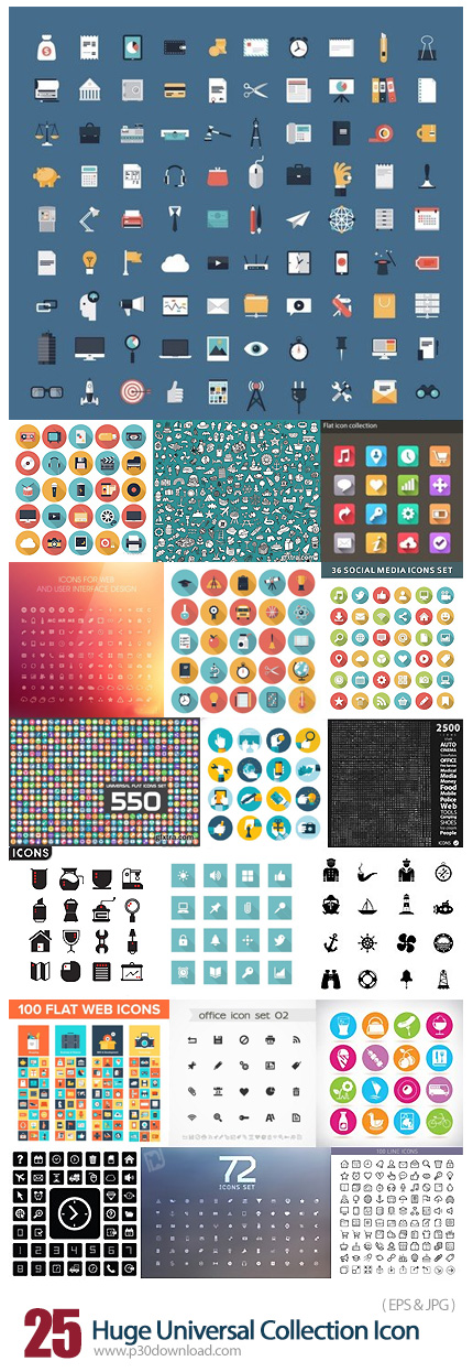 دانلود مجموعه تصاویر وکتور آیکون های متنوع - Huge Universal Collection Icon Sets