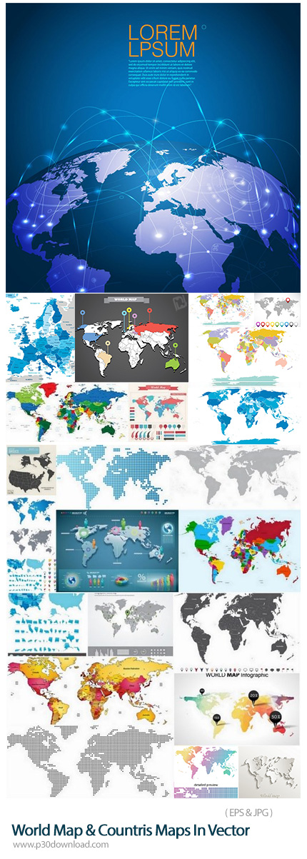 دانلود تصاویر وکتور نقشه جهان و کشورها - World Map And Countris Maps In Vector From Stock