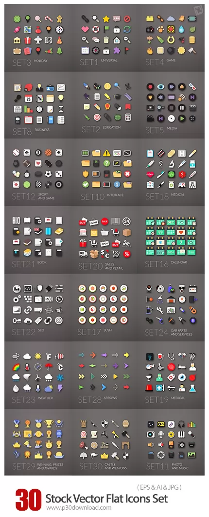 دانلود تصاویر وکتور آیکون های تخت متنوع Stock Vector Flat Icons Set