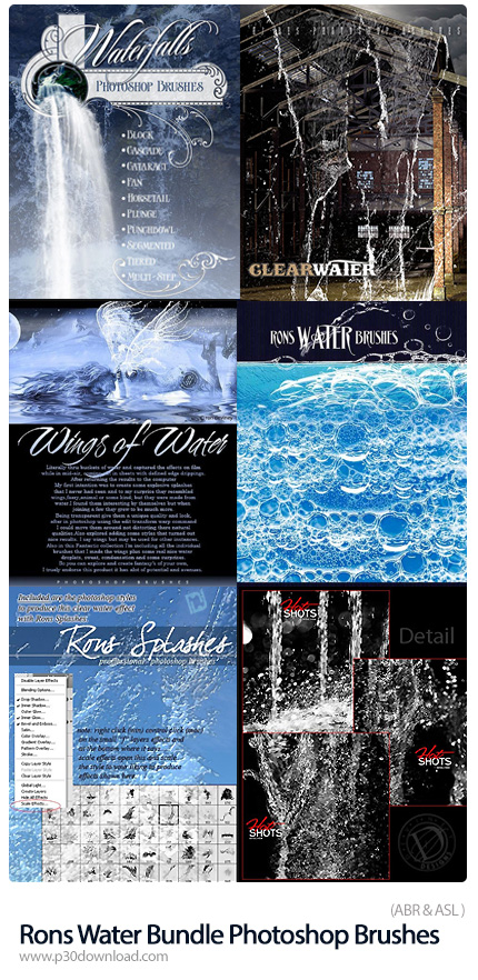 دانلود مجموعه براش فتوشاپ: چلپ چلوپ آب، ریزش آب، حباب آب، بالهای آبی - Rons Water Bundle Photoshop B