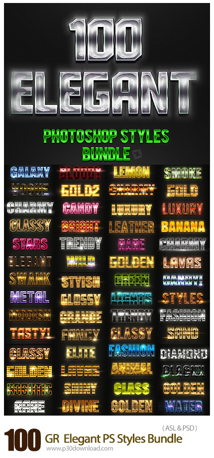 دانلود استایل فتوشاپ : 100 افکت متنوع متن از گرافیک ریور - GraphicRiver 100 Elegant Photoshop Styles