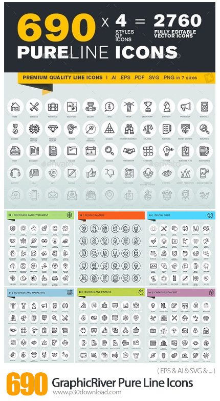 دانلود 690 آیکون خطی متنوع از گرافیک ریور - GraphicRiver Pure Line Icons