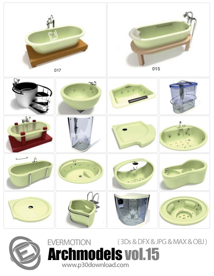 دانلود Archmodels Vol 15 - آرچ مدل 15: مدل های آماده سه بعدی وان حمام، دوش، پانل دوش، جکوزی، سونا و 