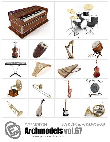 دانلود Archmodels Vol 67 - آرچ مدل 67: مدل های آماده سه بعدی آلات موسیقی از قبیل جاز، پیانو، گیتار ب