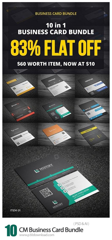 دانلود 10 تصویر لایه باز کارت ویزیت با رنگ های متنوع - CM Business Card Bundle