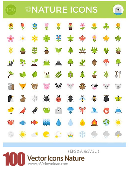 دانلود 100 تصویر وکتور آیکون های متنوع طبیعت - 100 Vector Icons Nature