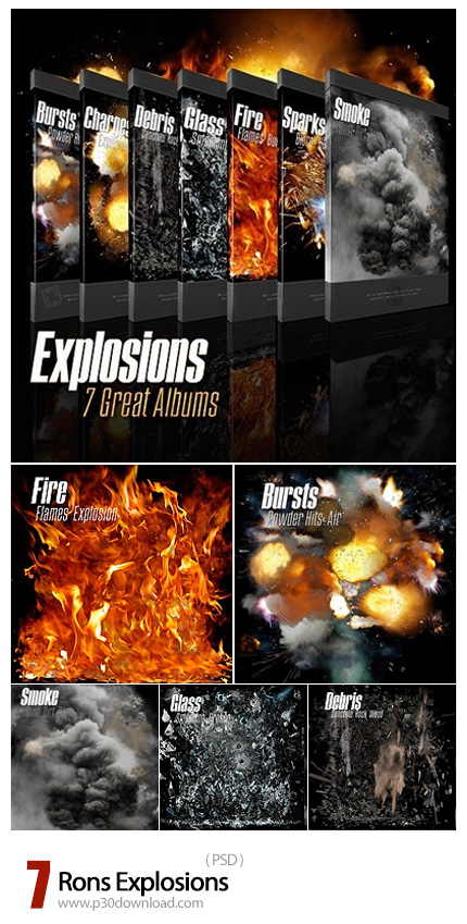 دانلود 7 فایل لایه باز انفجار آتش، دود، خرده چوب و سنگ و خرده شیشه برای فتوشاپ - Rons Explosions