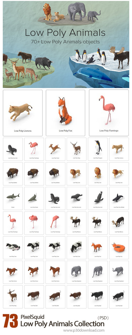 دانلود PixelSquid Low Poly Animals Collection - مجموعه تصاویر لایه باز چندضلعی حیوانات مختلف