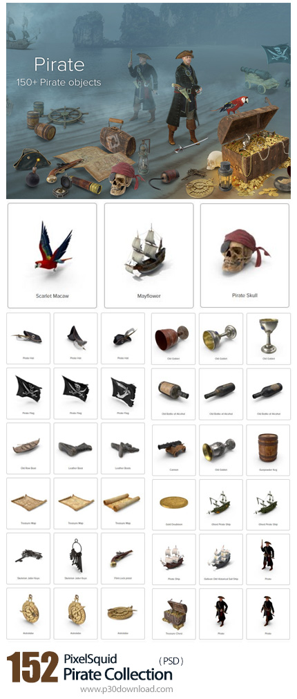 دانلود PixelSquid Pirate Collection - مجموعه تصاویر لایه باز وسایل دزدان دریایی، جمجمه، شمشیر، نقشه،