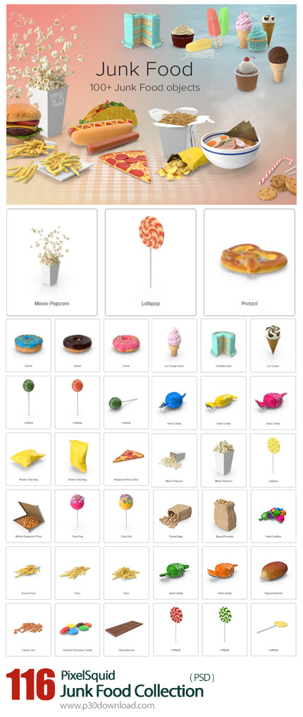 دانلود PixelSquid Junk Food Collection - مجموعه تصاویر لایه باز مواد غذایی مضر، شکلات، شیرینی، فست ف