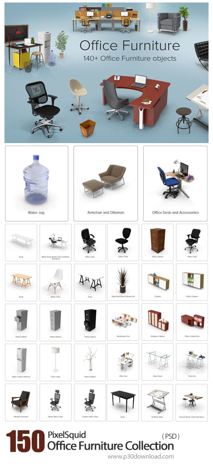 دانلود PixelSquid Office Furniture Collection - مجموعه تصاویر لایه باز وسایل دفتر کار، میز کار، صندل