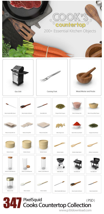 دانلود PixelSquid Cooks Countertop Collection - دانلود مجموعه تصاویر لایه باز وسایل آشپزی، باربیکیو،