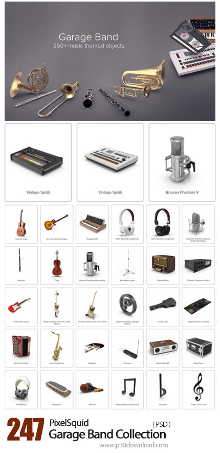 دانلود PixelSquid Garage Band Collection - مجموعه تصاویر لایه باز وسایل گروه موسیقی، آلات موسیقی، می