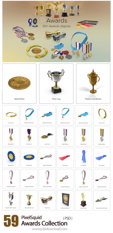 دانلود PixelSquid Awards Collection - مجموعه تصاویر لایه باز جایزه، مدال، کاپ طلا، لوح تقدیر و ...