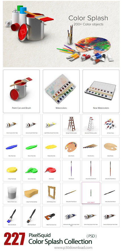 دانلود PixelSquid Color Splash Collection - مجموعه تصاویر لایه باز ابزار نقاشی، قلم مو، پالت رنگ، سط