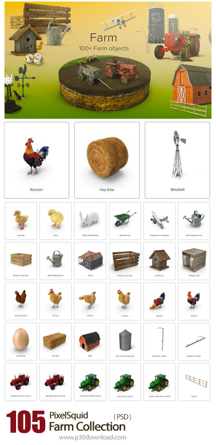 دانلود PixelSquid Farm Collection - مجموعه تصاویر لایه باز مزرعه، مرغ و خروس، تراکتور، آبپاش، آسیاب 