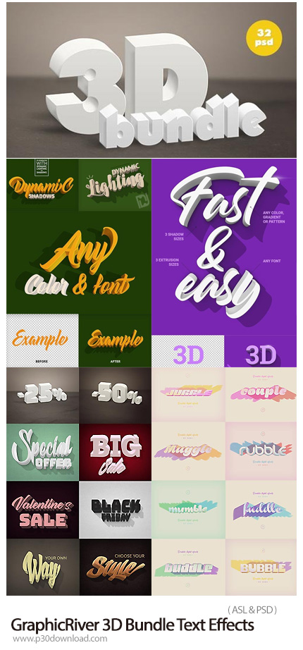 دانلود GraphicRiver 3D Bundle Text Effects - مجموعه افکت های لایه باز و استایل فتوشاپ ساخت متن سه بع
