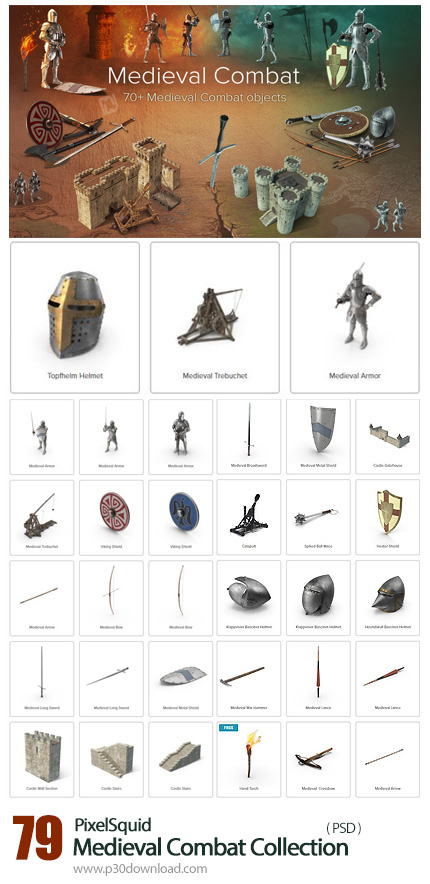 دانلود PixelSquid Medieval Combat Collection - مجموعه تصاویر لایه باز تجهیزات جنگی قدیمی، کلاه خود، 