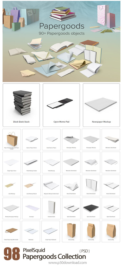 دانلود Pixelsquid Papergoods Collection - مجموعه تصاویر لایه باز محصولات کاغذی، دفتر، دفترچه، کیف کا