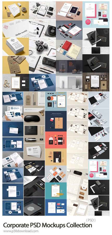 دانلود Corporate PSD Mockups Collection - مجموعه موکاپ ست اداری شامل کارت ویزیت، سربرگ، لیبل، پاکت ن