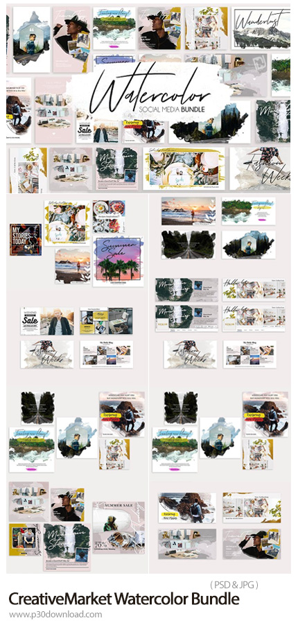 دانلود CreativeMarket Watercolor Bundle - مجموعه قالب لایه باز بنر، کاور فیسبوک و استوری اینستاگرام 