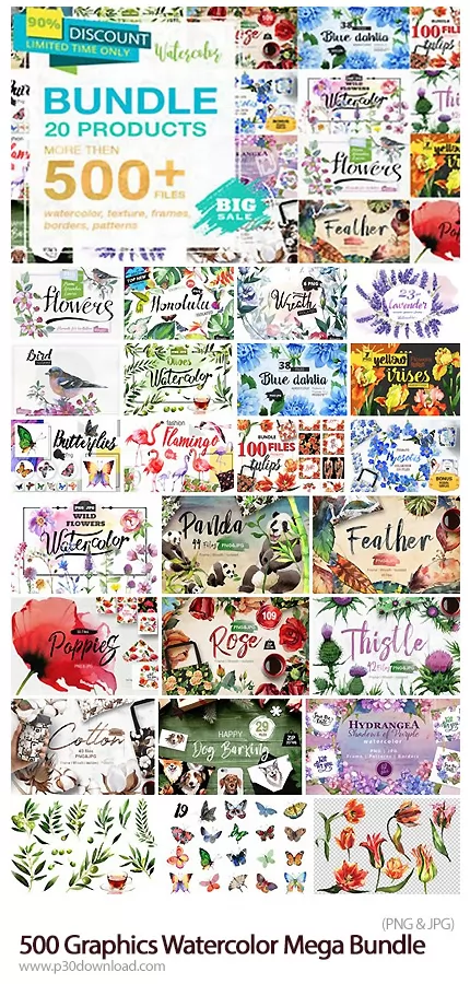 دانلود 20 Sets With Over 500 Graphics Watercolor Mega Bundle - مجموعه کلیپ آرت با بیش از 500 عناصر آ