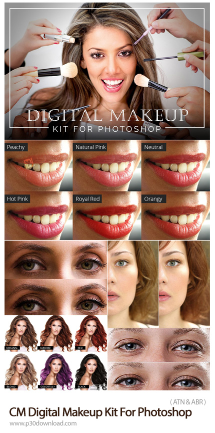 دانلود CreativeMarket Digital Makeup Kit For Photoshop - اکشن فتوشاپ میکاپ دیجیتالی شامل تغییر رنگ م