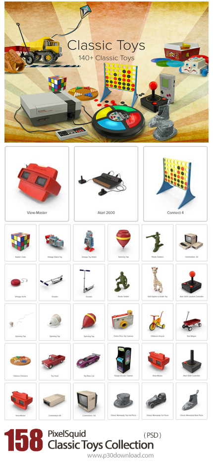 دانلود PixelSquid Classic Toys Collection - مجموعه تصاویر لایه باز اسباب بازی، اسکوتر، بازی فکری، آت