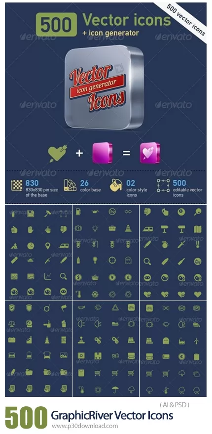 GraphicRiver 500 Vector Icons + Icon Generator 500 آیکون وکتور متنوع ب