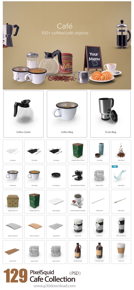 دانلود PixelSquid Cafe Collection - مجموعه تصاویر لایه باز وسایل کافه، فنجان قهوه، قهوه ساز، دانه قه