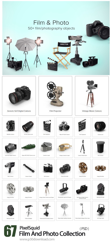 دانلود PixelSquid Film And Photo Collection - مجموعه تصاویر لایه باز وسایل عکاسی و فیلمبرداری، دوربی