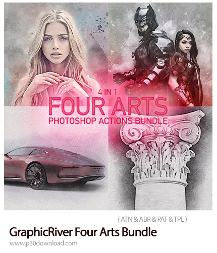 دانلود GraphicRiver Four Arts Bundle - مجموعه اکشن فتوشاپ با 4 افکت هنری متنوع به همراه آموزش ویدئوی
