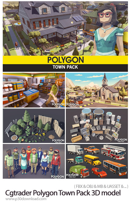 دانلود Cgtrader Polygon Town Pack Low-poly 3D model - طرح های پولیگانی سه بعدی برای ساخت بازی و انیم