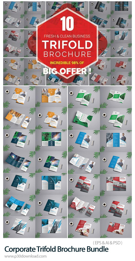 دانلود 10 Corporate Trifold Brochure Bundle - 10 قالب لایه باز و وکتور بروشوهای سه لت تجاری