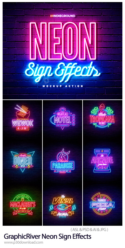 دانلود GraphicRiver Neon Sign Effects - استایل فتوشاپ با افکت لایه باز نئونی برای متن و اشکال از گرا