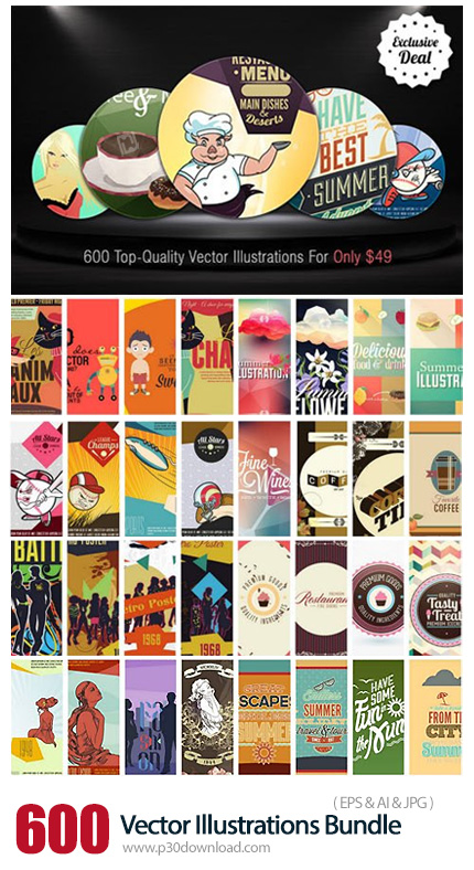 دانلود 600 Top-Quality Vector Illustrations Bundle - 600 وکتور با موضوعات متنوع شامل کاراکترهای کارت